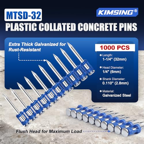 KIMSING 1-1/4 Inch Plastic Collated Concrete Pins, 1000PCS Box, 12 Gauge 1 box