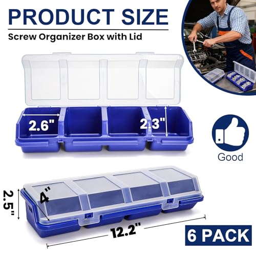 Tlence 6 Pack Screw Organizer Box with Lid, 4 Compartments Small Parts Bins, Plastic Hardware Storage Containers, Nails Sorting Divider Toolbox Case for Garage Nuts Bolts Craft Organizing