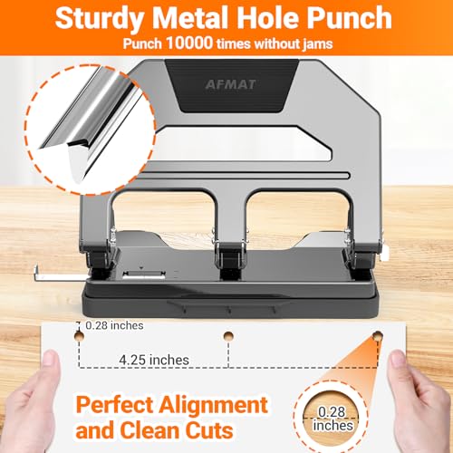 AFMAT Heavy Duty 3 Hole Punch, 40-Sheet Three Hole Puncher for Binder, 50% Reduced Effort Paper Punch, 10K+ Uses, Office Metal Hole Puncher 3 Ring w/Large Tray, Bulit-in S.S. Paper Guide, HPX2(Gray) Gray 40-Sheet Capacity