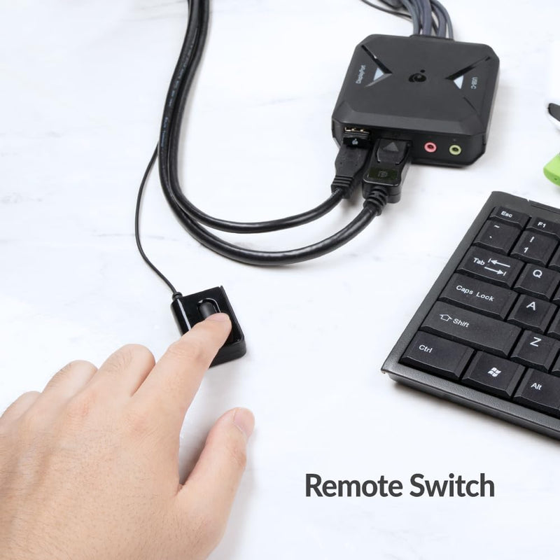 IOGEAR 2-Port 4K Hybrid KVM – Share 2 Computers with 1 Keyboard, Mouse, and Monitor, DisplayPort & USB-C with Audio, Built-in Cables, Remote Selector (GCS82DPC)