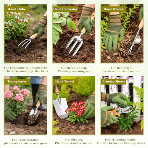 15-Piece Garden Tool Set for Women, Heavy Duty Gardening Kit with Floral Garden Bag, Steel Garden Hand Tools, Plant Labels, Gloves, Gardening Gift Basket for Men Gardeners Plant Lovers, Green