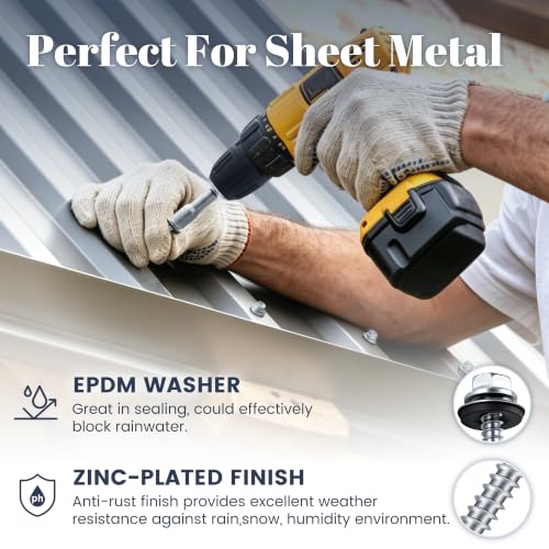 Mellewell #10 x 2 Self Drilling Metal Roofing Screws, Sheet Metal Roof Screws with EPDM Rubber Washer, Hex Head Self Tapping Screws, Hex Bit Socket Included, Carbon Steel, 250 PCS Silver #10 x 2"