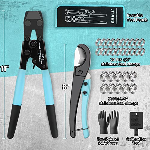 SHALL Pex Crimping Clamp Cinch Tool and Pipe Hose Cutter, Pipe Fitting Crimper Tool Kit Meets ASTM F2098 for 3/8" to 1" Stainless Steel Clamps Including 20pcs 1/2", 10pcs 3/4" Clamps With Storage Bag Pex Crimping Tool