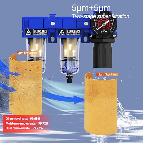 1/2" NPT Air Dryer System,Air Compressor Filter Dryer,5 and 5 Micron Filter Cartridge,Semi-Auto Drain, Metal Bracket-Blue Blue 1/2" NPT