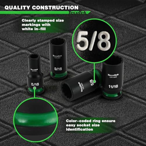 TecoTek 3/8-Inch Drive 12-Point SAE Semi-Deep Impact Socket Set, Mid-Length Socket Set, 5/16-Inch to 1-Inch, CR-MO, Stamped and Ink Filled Size Marking, 12-Piece