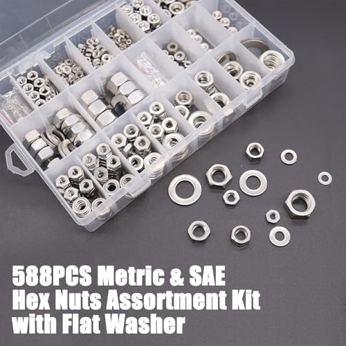 Dianrui 588PCS Metric & SAE Hex Nuts and Washers Assortment Kit, Assorted Nuts Washers 304 Stainless Steel (2#56 4#40 6#32 8#32 10#24 10#32 12#24 1/4-20 5/16-18 3/8-16 7/16-14 1/2-13 M2-M12) 21 Sizes 588PCS Metric&SAE Kit