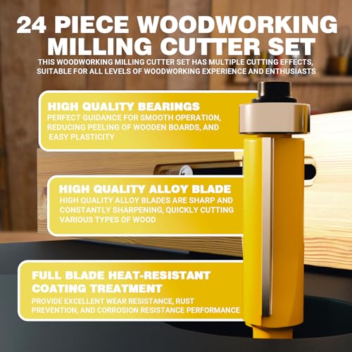 CATITO 24 Pieces Router Bits Set, 1/4" Shank, Professional Woodworking Milling Cutter Set, Tungsten Carbide, for Wood, MDF, Plywood 24 - PCS