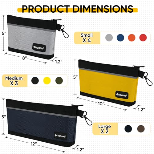 TICONN 9PK Tool Pouches with Zipper, Waterproof 1680D Oxford Small Tool Bag Colored, 9 Pack Combo
