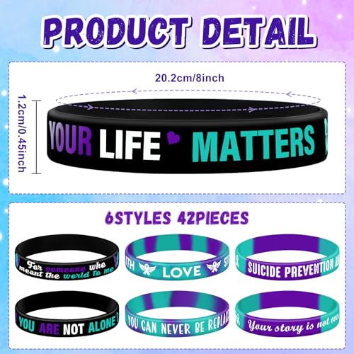 JUNEBRUSHS Silicone Wristbands for Suicide Prevention, 42 Pieces Purple Teal Inspirational Rubber Bracelets for Suicide Prevention, Awareness, Inspirational Charity Suicide Prevention Awareness Style