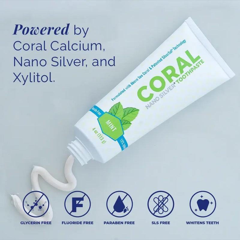 Coral White Nano Silver Mint Toothpaste, Natural Fluoride Free Teeth Whitening Toothpaste, Coral Calcium Nano Silver Infused SLS, Glycierin Free 4 Ounce (2 Pack) 4 Ounce (Pack of 2)