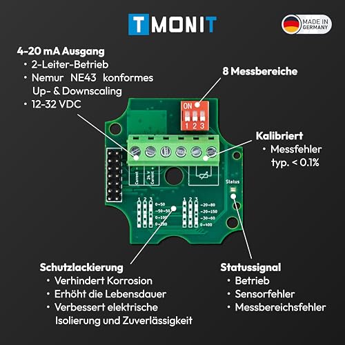 Active Temperature Transducer, 2-Conductor 4-20 mA, NE43, incl. Sensor PT1000, Adjustable Measuring Range, Active Sensor Monitoring (5 m Sensor Silicone Cable) 5m Silikon-Leitung