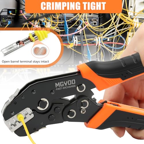 Wire Crimping Tool Kit 7Pcs Ratchet Wire Crimper for Insulated Nylon Connector,Non-Insulated Butt Connectors Ring Terminals,Open Barrel Terminals,Solar Connectors - Crimp Tool with 6 Dies 6PCS Crimping Tool Set