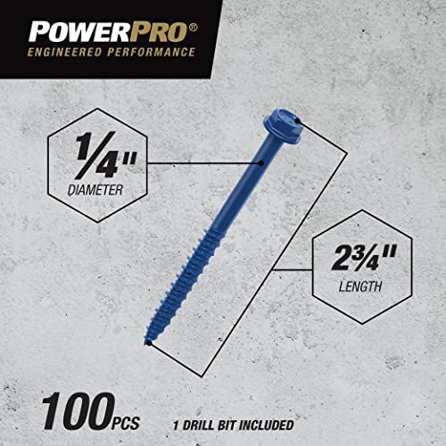 Power Pro Blue Hex Washer-Head Concrete Screw Anchors (1/4" x 2-3/4") - 100 pc 1/4" x 2-3/4"