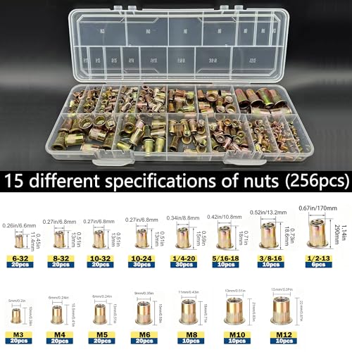 Metric and SAE Rivet nut Combination Kits of 15 Size (256 Pieces) m3 m4 m5 m6 m8 m10 m12#6-32#8-32#10-32#10-24# 1/4"-20 5/16"-18 3/8"-16 1/2"-13UNC Flat Head Galvanized nut kit 256PCS RIVET NUTS KIT