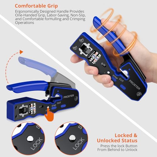 Proster RJ45 Crimper Kit - Pass-Thru for Cat6/Cat5e w/ 50 Connectors Blue