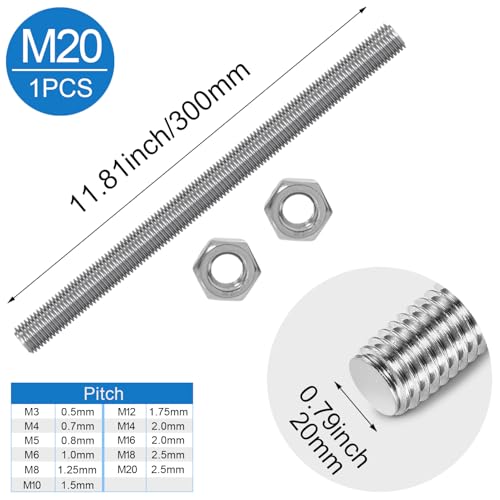 1Pack M20-2.5 304 Stainless Steel Fully All Threaded Rods 300mm/11.8"Length M20x300mm(1PCS)