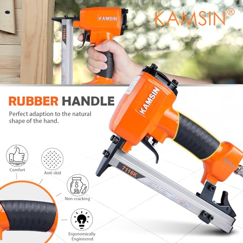 7116K Pneumatic Upholstery Stapler, Fine Wire Staple Gun, Stapler Kit with 10000pcs 3/8”(10mm) Leg Length，3/8”(9mm) Crown Staples for Woodworking