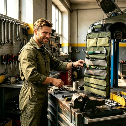 Heavy Duty Roll Up Tool Bag Organizer - 1680D Oxford, 23.6"x13", See-Through PVC Pockets, 12 Compartments for Mechanic, Electrician & Tradesperson Green