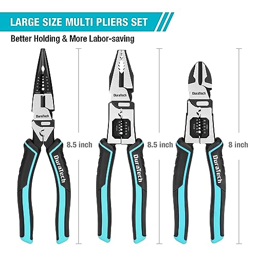 DURATECH 3PCS Pliers Set, Large 6 in 1 Multifunctional Wire Stripper Crimper Cutter, 8.5" Long Nose Pliers, 8.5" Linesman Pliers, 8" Diagonal Side Cutting 3PCS Set