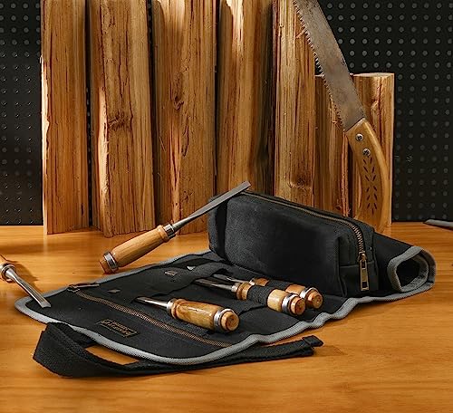 Wrench/Tool Roll (7 Slots), Waxed Canvas Roll Up Bag with 1 Small Detachable Tool pouch and 1 Zipper Pockets, Multi-Purpose Wrench Roll Organizer for Motorcycle/Mechanic/Electrician Black