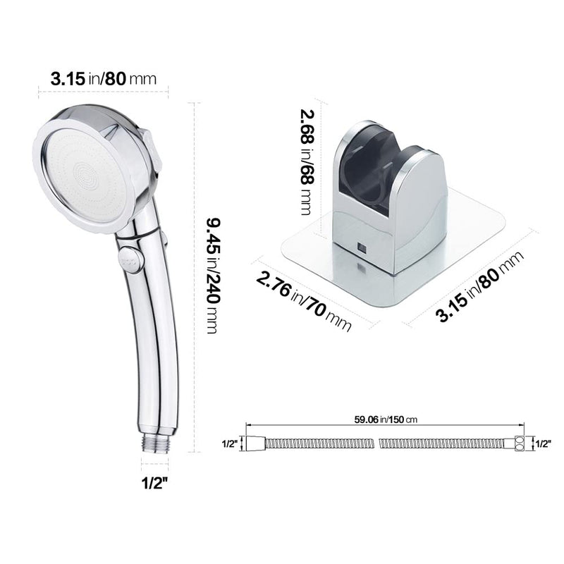 KAIYING Drill-Free High Pressure Handheld Shower Head with ON/OFF Pause Switch 3 Spray Modes Water Saving Showerhead, Detachable Puppy Shower Accessories (M:Shower Head (Chrome)+Bracket+Hose) Chrome