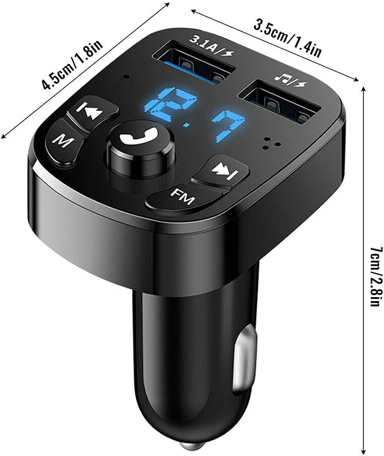 Bluetooth MP3 with FM Transmitter Adapter,Wireless Music Radio Receiver Car Charger | Play Music + Handsfree Call + Charger | 2 USB Ports,Support TF Card/U-Disk(with Ambient Light & USB C Converter)