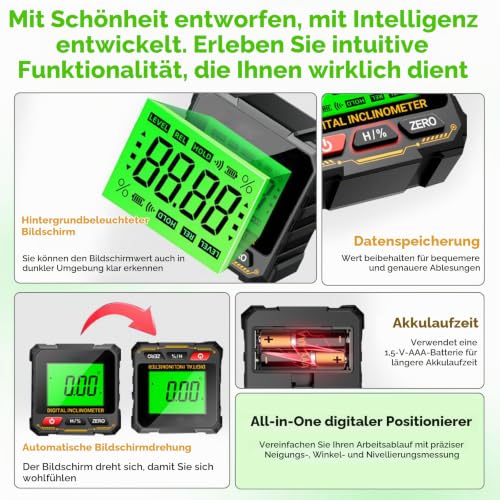 Digital Protractor, 0.05° Resolution, LCD Inclinometer, 360° Spirit Level, Magnetic Base, Auto Reverse, Backlight for Construction and Woodworking Without Laser