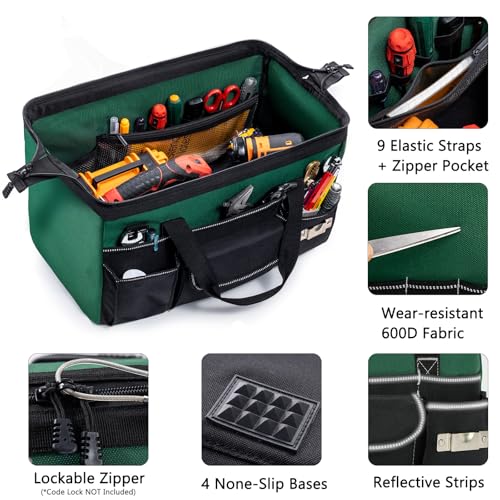 Large Heavy Duty Tool Bag for Men – 17" Toolbox Organizer with 22 Pockets & Wrench Holder – Wide Mouth Tool Tote with Anti-Slip Base – Gift for Handyman, Mechanic, Father's Day Large - 17” Green