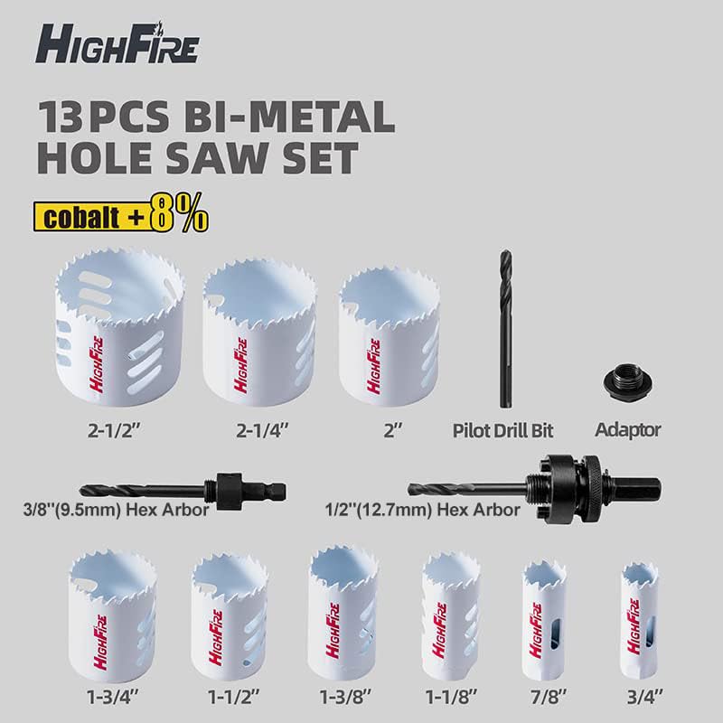 HIGHFIRE 13pcs Hole Saw Set,Bi-Metal Hole Saw Kit, M42 Bi-Metal Hole Cutter Set with General Purpose 3/4" to 2-1/2" 13set