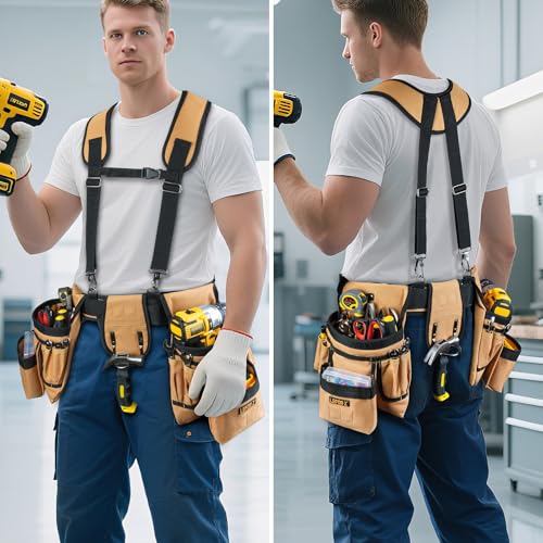 LEFOR·Z Tool Belt with Suspenders,27-Pockets Heavy Duty Tool Belts for Men Brown/Black