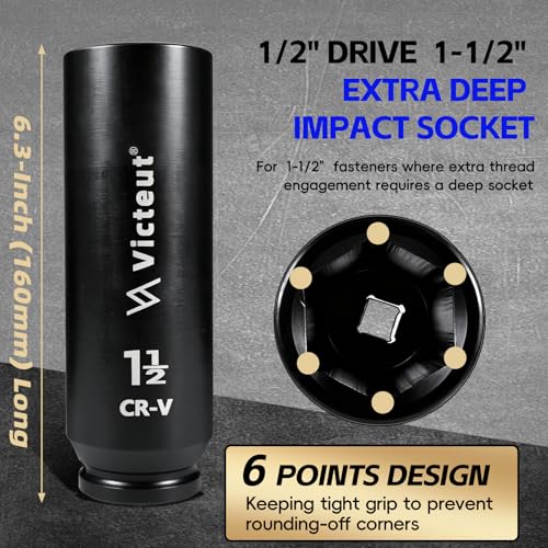 1/2" Drive 1-1/2" Extra Deep Impact Socket，6.3-Inch (160mm) Long，6-Point, Heat Treated Cr-V Alloy Steel, One-Piece Forged, No Torque Loss