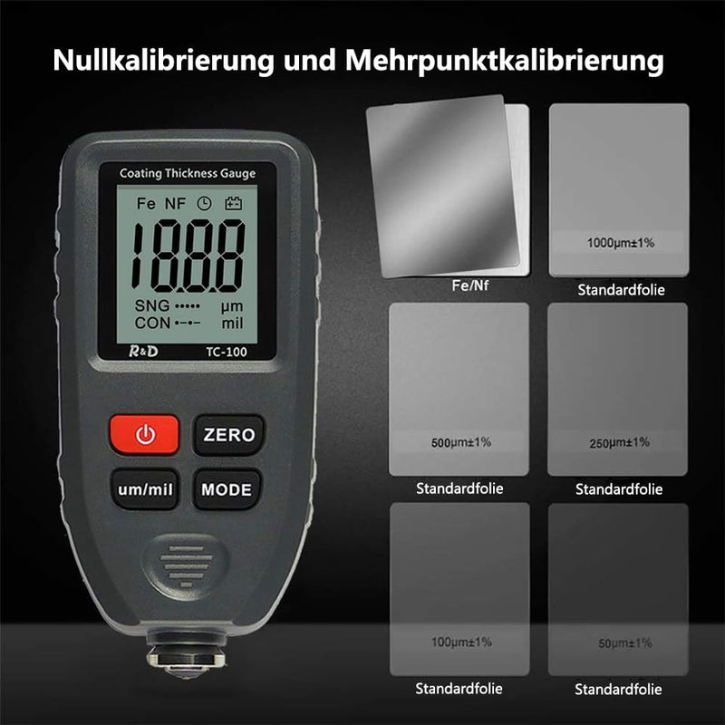 Paint Coating Thickness Gauge RDINSCOS Car Paint Paint Gauge Car Body Coating Thickness Gauge 0-1300μm LCD Display For Iron Aluminum TC100