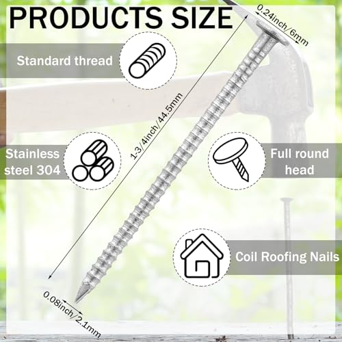 Tandefio 1-3/4 Inch 2 Pounds Roofing Nails 304 Stainless Steel Roofing Felt Nails Flat Head Hardware for Shingles, Cedar Wood, Decking, Wall (Silver) Silver