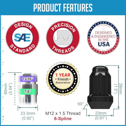 Wheel Accessories Parts 27 Pcs M14x1.5 14x1.5 Thread Short Truck 1.5" Long Spline Lug Nuts Black Chrome 6 Spline Hex Fits 2022+ Ford Bronco Raptor