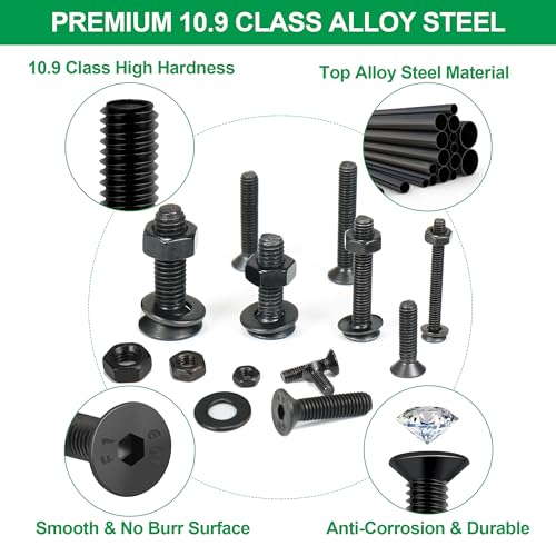 1615PCS Metric M2 M3 M4 M5 Hex Socket Flat Head Screws Countersunk Bolts Assortment Kit with Nuts/Washers,10.9Grade Alloy Steel Thread Hexagon Allen Machine Bolt with 4 Hex Wrenches 1615pcs-FlatScrews