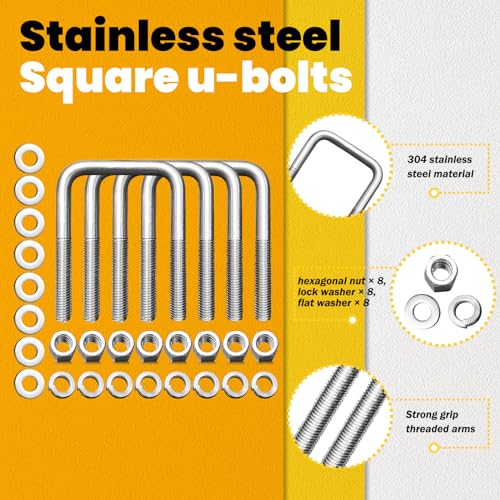 4 Pcs 304 Stainless Steel Square U-Bolts with Washers & Nuts+2 Ton Snatch Block with Chain and Swivel Shackle