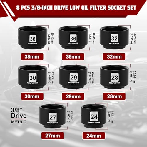 MIXPOWER 8 Pieces 3/8" Drive Low Profile Oil Filter Socket Set, 24mm, 27mm, 28mm, 29mm, 30mm, 32mm, 36mm, 38mm, Oil Filter Cap Remover and Installer Tool Set 8-Piece