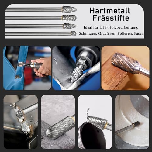 Treki Set of 4 Long Carbide Burrs with 6 mm Shank Carbide Milling Cutter Attachment for Drill, Tungsten Steel Cutter Bits Wood Carving Drill Bit Set for Woodworking, Metal Cutter Wood Cutter