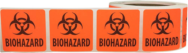 Fluorescent Biohazard Safety Warning Labels, 2 x 2 Inch Square Stickers with Black Symbol, 500 Total Adhesive Labels on a Roll for Medical and Laboratory Use – Made in the USA