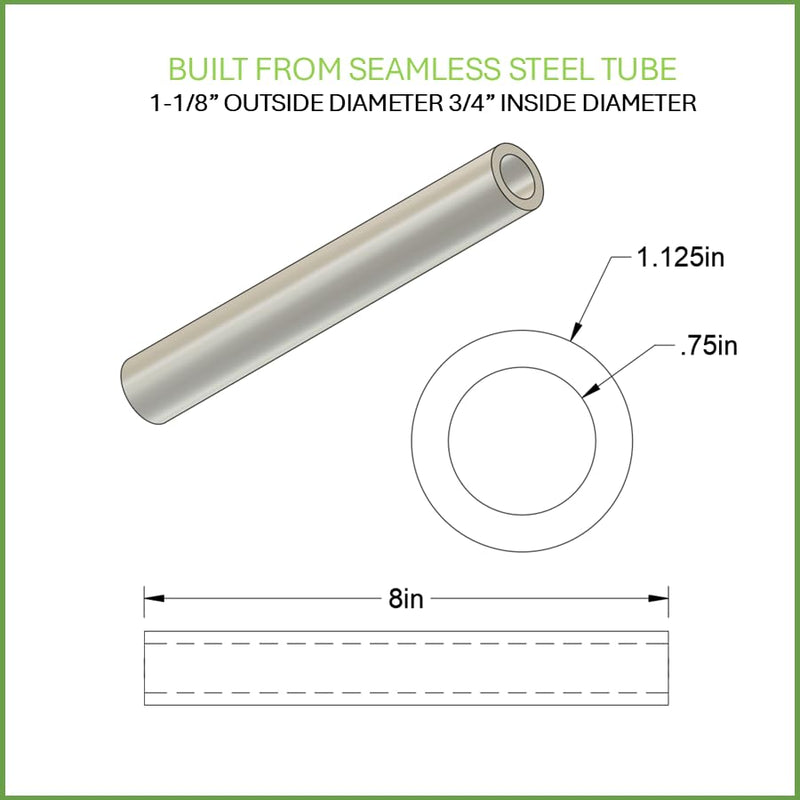 1-1/8" OD x 3/4" ID x 8" Long Steel Tube/Spacer (2 Pack) Metal Spacers Online Seamless Round Spacers, Steel Tubing for DIY, Cutting, Welding, Fabrication & Repairs Fits Screws, Bolts 3/4” or M18/19 2