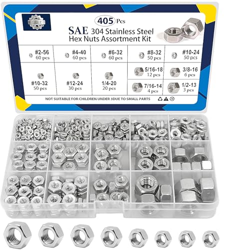 ZQZ 405 Pcs SAE Hex Nuts Assortment Kit + ZQZ 108Pcs Flat Washers, 304 Stainless Steel
