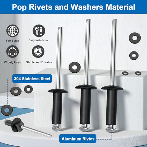 smseace 780Pcs Black Pop Rivets with Washers Assortment Kit-10-Sizes SAE Rivets for Metal 1/8,3/16Inch 2-Sizes 304 Stainless Steel Washers for Metal, Furniture, Automotive, Instruments Black Aluminum 780Pcs 8-Sizes