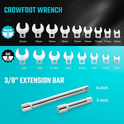 DURATECH 19-Piece 3/8" Drive Crowfoot Wrench Set with 2 Extension Bars Regular Metric and SAE