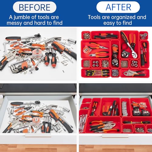90 Pack Tool Box Organizer Tool Tray Dividers, Toolbox Drawer Organizers Storage Trays for Rolling Tool Chest, Work Bench Cabinet Bins, Parts Screw Nut Bolt Small Tools Organization - Black & Red