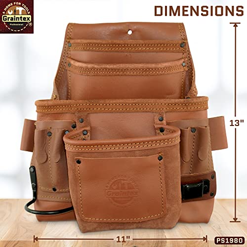 Graintex PS1980 :: 10 Pocket Nail & Tool Pouch Tan Color Industrial Grade Leather; for Handyman, Constructors, Plumbers, Electrician