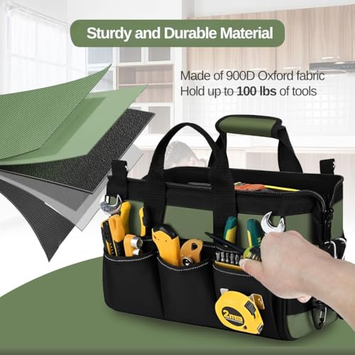 Heavy Duty Tool Bag, Canvas Utility Organizer with Shoulder Strap, Waterproof Electrician Mechanic Gardening Pouch, Wide-Mouth Zipper Storage Tote, Portable Handyman Tool Bag (12 inch) 12 inch