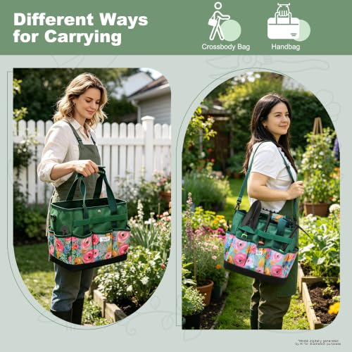 Hard Bottom Floral Garden Tool Tote Bag with Shoulder Strap Green Floral