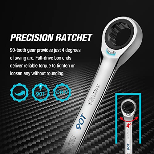 DURATECH 90-Tooth Ratcheting Wrench Set, Combination Wrench Set, 8-Piece, Metric, 8, 10, 12, 13, 14, 15, 17, 19mm, CR-V Steel, Organized in Wrench Rack
