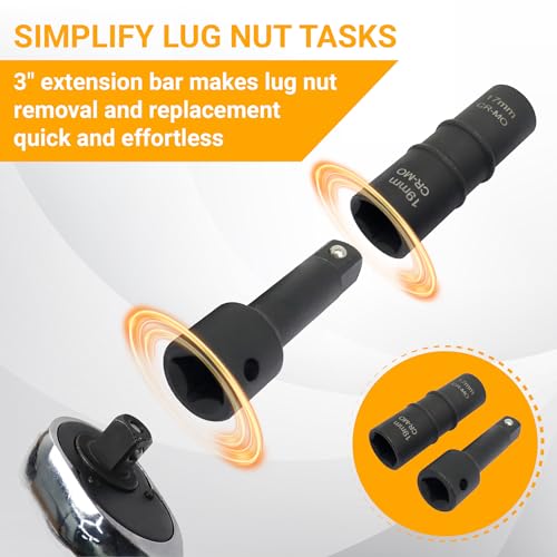 Lug Nut Socket Set, 5pc 1/2" Drive Impact Flip Socket Set with Metric 17 19 21 22 mm & SAE 3/4 13/16 7/8 15/16 in. Sockets, Double Ended Thin Wall Nut Sockets with 3" Extension Bar Flip, 17 19 21 22 mm & 3/4 13/16 7/8 15/16 in.