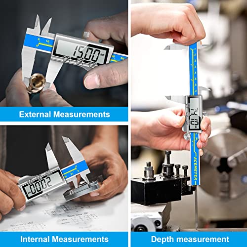 Orthland Vernier Caliper Digital Gauge Stainless Steel Waterproof Dustproof Measuring Tool with Replacement Battery for Household and Industrial Measuring 150 mm blue